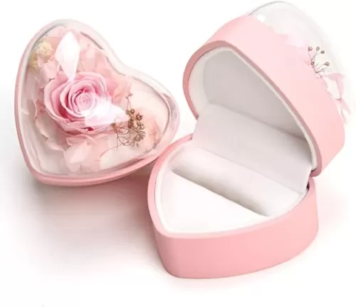Preserved Flower Rose Ring Box, Heart Shape Velvet Jewelry Box for Valentine's Day Mother's Day Wedding Anniversary Birthday Gift, Pink