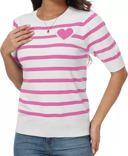 QIXING Pullover Women Short Sleeve Sweater Round Neck Heart-Shaped Sweater