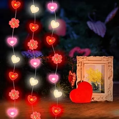 QZUnique Rose Heart String Lights - 13FT 40 LED Heart Rose Fairy Light with Remote Battery Operated Valentine Day Decoration for Indoor Outdoor Home Party Bedroom Mother's Day (Red Pink White)