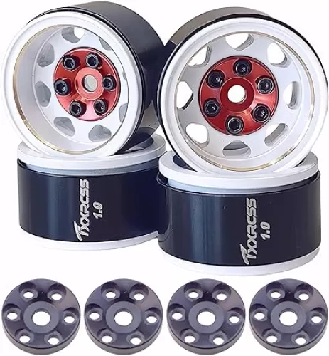 Rc 1.0 Beadlock Wheel Heavy Brass Whlles Offsets -2mm Rims for 1/24 1/18 RC Crawler Car SCX24 AX24 TRX4M FCX24 4Pc Heart-Shaped (Red White)