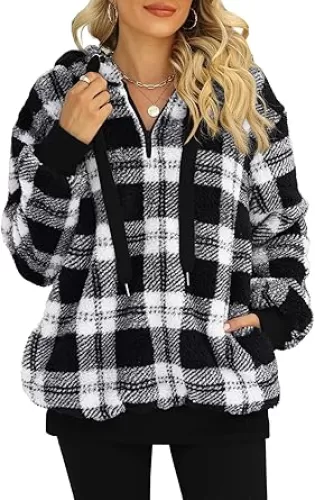 ReachMe Womens Oversized Sherpa Pullover Hoodie with Pockets Fuzzy Fleece Sweatshirt Plaid Fluffy Jacket Coat