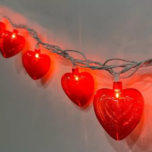 Red Heart Lights, 8.5Ft Valentines Day Lights with 10 Red Shiny Glitter Heart Lights, Plug in Heart Lights String for Indoor Party Bedroom Classroom Decorations Anniversary Decor