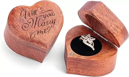 Ring Box Heart - Handmade Wooden Ring Box for Proposal, Ring Holder Box with Single Slot, Unique heart Shape Engraved With Will you marry me? (Heart)
