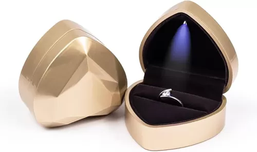Ring Box Heart Shaped LED Light Engagement Jewelry Case for Proposal Wedding Valentine Christmas Mothers Anniversary Thanksgiving Gift Golden