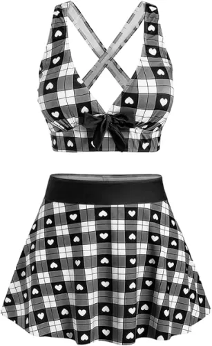 ROSE GAL Rosegal Plus Size Valentines Heart Bowknot Crisscross Padded Three Piece Tankini Swimsuit
