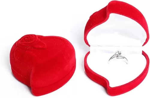 Rose Velvet Ring Box, Luxury Heart Shaped Box, Single Ring Holder Jewellery Gift Organizer Boxes Wedding Jewelry Case Engagement Ring Box for Valentine's Day Proposal Ceremony Gift(1 Slot)