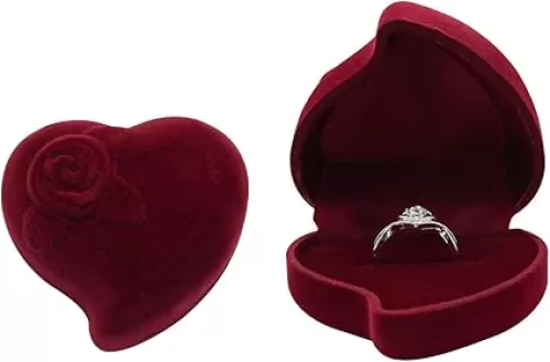 Rose Velvet Ring Box, Plucked Luxury Heart Shaped Box, Ring Jewelry Box for Weddings, Engagement, Proposals, Birthdays and Anniversaries (Red)