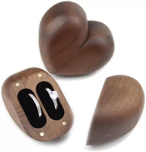 Rustic Wooden Ring Bearer Box for Wedding Ceremony, Cute Heart Shaped Walnut Wedding Double Couple Two Rings Storage Box