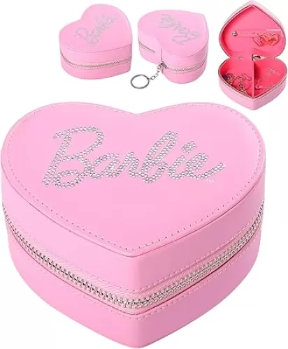 SALLY ROSE Barbie Travel Jewelry Case Official License, Heart-Shaped Jewelry Box Pink with Zipper, Small Jewelry Organizer