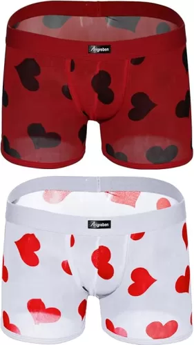 sandbank Men Sexy Red Heart Print Mesh Transparent Boxer Briefs Underwear Panties