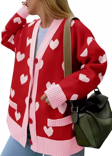 Saodimallsu Womens Oversized Heart Cardigan Color Block V Neck Button Long Sleeve Chunky Valentines Sweaters