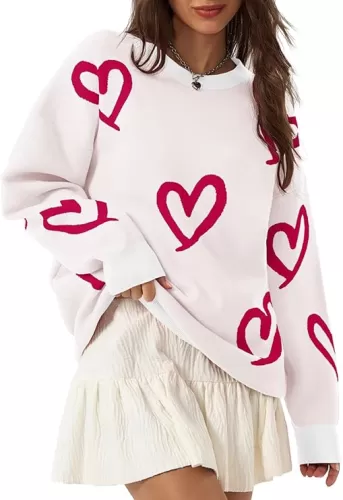 Saodimallsu Womens Oversized Heart Sweater Crew Neck Long Sleeve Knit Cute Valentines Pullover Sweaters