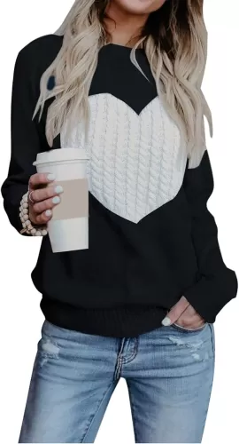 shermie Women's Pullover Sweaters Long Sleeve Crewneck Cute Heart Knitted Sweaters Beige Large