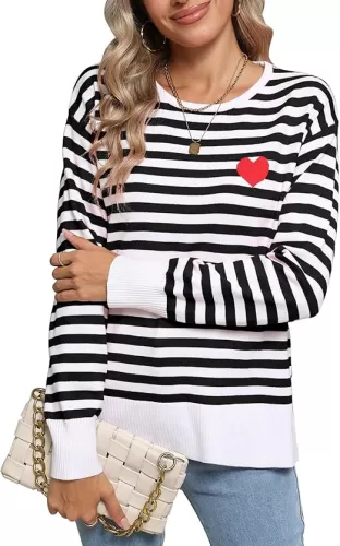 shermie Womens Stripes Sweaters Long Sleeve Crew Neck Casual Cute Heart Knitted Pullover Sweater