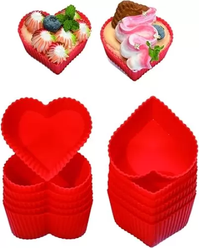 Silicone Baking Cups Cupcake Liners - Non-Stick Pastry Muffin Liner Molds, 2.75 Inch Mini Cupcake Silicone Mold, Reusable Storage Container, Heart, 12 Pack