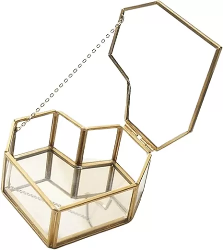 Small Glass Heart Shaped Jewelry Box Clear Ring Trinkets Box with Lid Gold Makeup Organizer Desktop Display Lidded Treasure Box Lady and Girls Gift