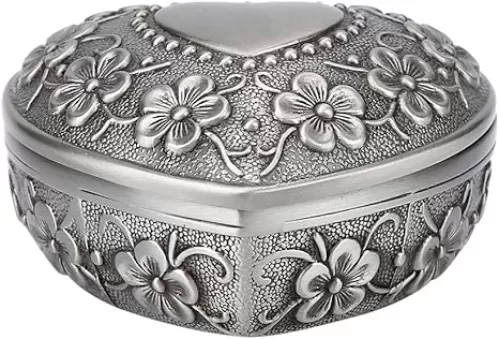 Small Vintage Antique Heart Shape Ring Box Small Trinket Jewelry Storage Organizer, Silver
