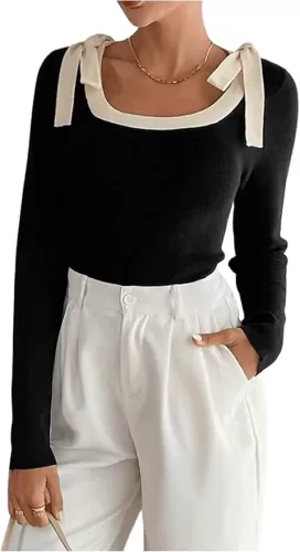 SOLY HUX Women's Bow Sweater Scoop Neck Long Sleeve Color Block Pullover Fall Tops