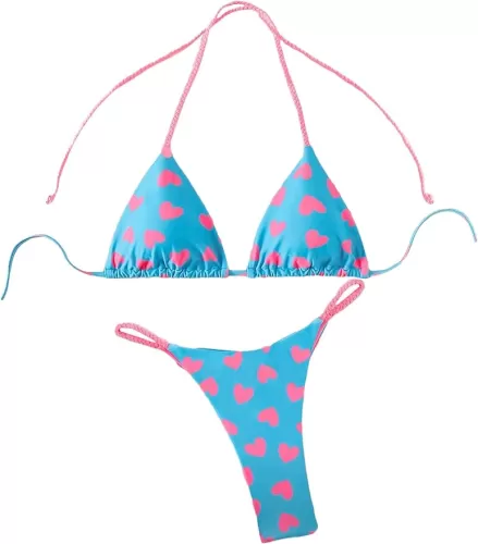 SOLY HUX Women's Heart Print Bathing Suit Halter Triangle Thong Bikini Set 2 Piece Swimsuit