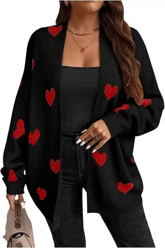 SOLY HUX Women's Plus Size Open Front Cardigan Sweaters Heart Graphic Long Sleeve Loose Sweater Outerwear Red Heart 2XL