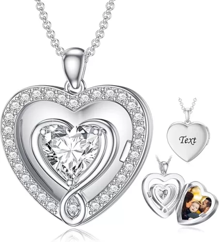 SOULMEET Personalized 10k 14k 18k White Gold 1 ct Moissanite/Diamond Locket That Holds Picture Diamond Photo Heart Locket Necklace Gift for Beloved Ones with Gold Chain