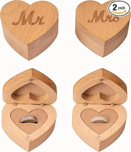 Strova Heart Shaped Wooden Ring Box for Wedding Rings – Set of 2 with Engraved Mr. & Mrs. Lettering – Ring Bearer Box for Display or Personal Organizer – Protective Ring Cushions and Magnetic Closure