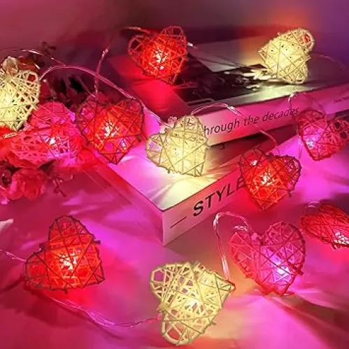 [Timer&Tricolor] Valentines Lights Valentines Day Decorations, Red Pink White Heart Lights, Battery Operated 12LED 6.5Ft 3D Hollowed Rattan Heart Garland String Lights for Indoor Bedroom Home Party