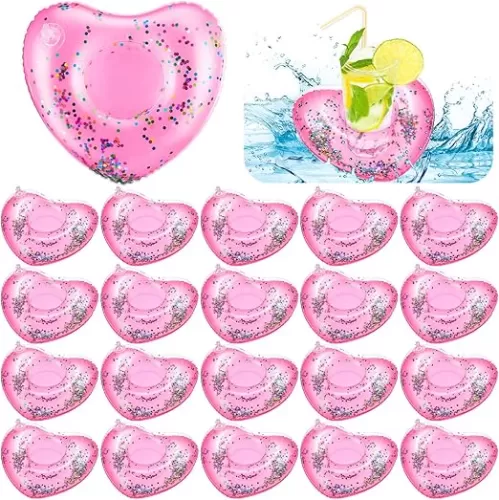 Tioncy 24 Pack Inflatable Drink Holder Floaties Pool Floats Heart Shaped Cup Holders Decorations Accessories for Summer Ring Swimming Pool Bar Bachelorette Adult Water Beach Party(Pink)