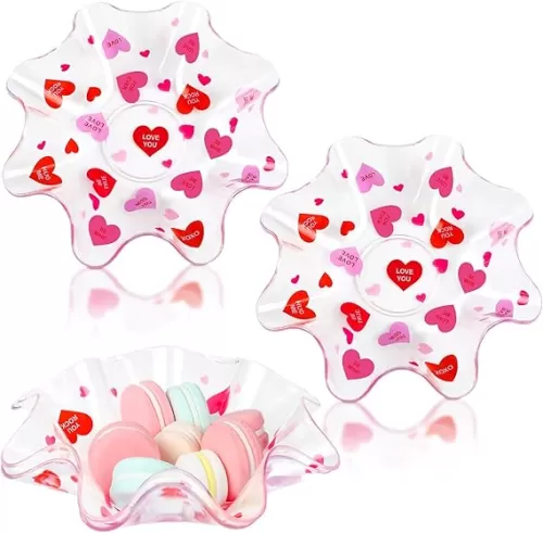Tioncy 4 Pcs Valentine‘s Day Plastic Bowls Conversation Heart Bowls 8 Inches Pink and Red Serving Tray Snack Candy Dish Plates for Valentines Wedding Party Supplies