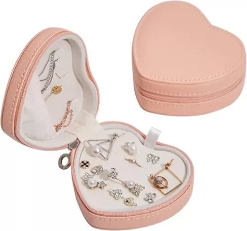 Travel Jewelry Box, Heart-Shaped Jewelry Organizer Case Holder for Necklaces, Rings, Earrings, Bracelets, Portable Jewelry Storage Bag for Gift, 1 Box, Pink