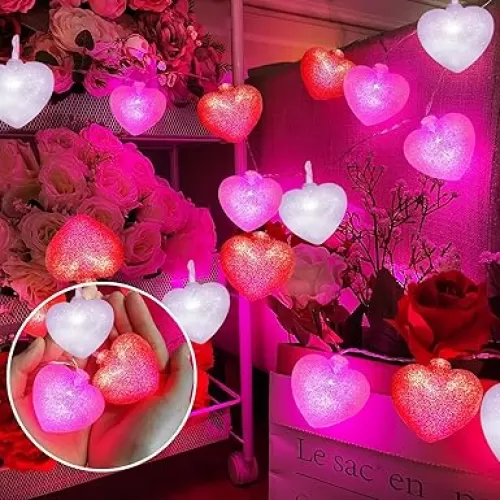 TURNMEON 10 Ft 20 LED 3D Heart Garland Lights, Pink Red White Valentine