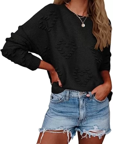 Tutorutor Womens Cute Heart Love Print Valentine Sweater Tops Oversized Crew Neck Dot Ball Loose Knitted Jumper Pullover