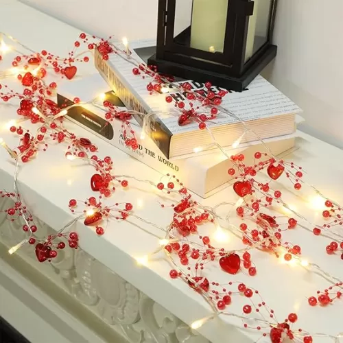 Valentine Decorations 10 FT Fairy String Lights, 30 LEDs Red Berry Beaded Heart Shaped String Lights, Battery Operated Valentine Lights for Mother