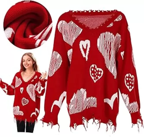 Valentine's Day Heart Sweater for Women Off Shoulder Sweater Vintage Love Oversized Long Sleeve Knit Pullover Top