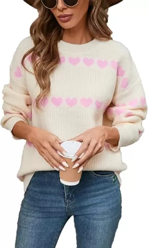 Valentines Sweater Women Cotton Cute Heart Sweater Pullover Long Sleeve Crewneck Casual Knitted Sweaters