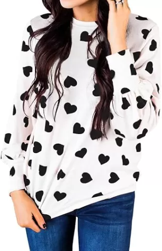 Valphsio Womens Valentines Tshirt Long Sleeve Heart Prints Blouse Crew Neck Sweatshirt
