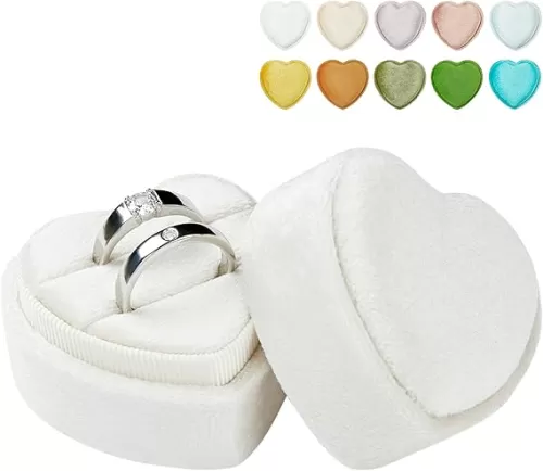 Velvet Ring Box 2 Slots Heart Shape Proposal Ring Case with Detachable Lid Ring Holder Valentine's Day Gift (White)