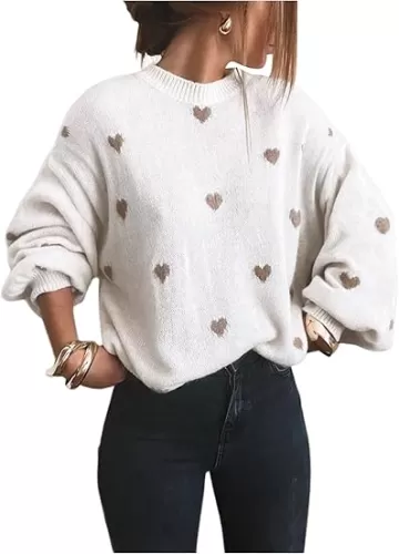 Verdusa Women's Heart Print Crew Neck Sweater Tops Long Sleeve Loose Holiday Knit Pullovers