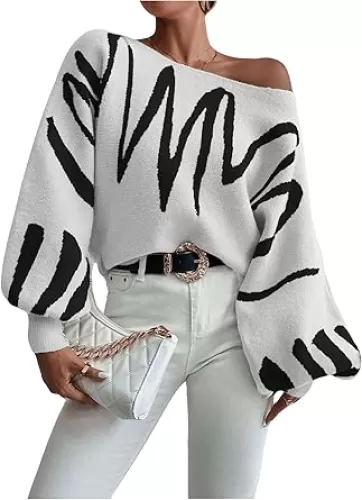 Verdusa Women's Off The Shoulder Sweater Oversized Long Lantern Sleeve Pullovers Trendy Knit Tops