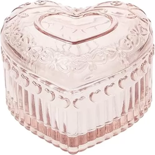 Vintage Glass Jewelry Box - Heart Shaped Display Box for Storage Ring Earring Trinket Jewelry, Pink Cute Room Decor for Girl U2-GRB003-Pink