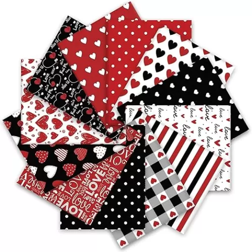Whaline 12Pcs Red Black Love Heart Cotton Fabric Bundles 10 x 10 Inch Red Black Love Heart Fat Quarter Romantic Quilting Patchwork for Valentine DIY Handmade Sewing Craft