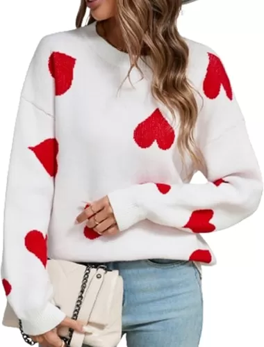 Women Fall Heart Sweater Long Sleeve Heart Print Oversized Casual Pullover Tops Teen Girls Valentines Day Sweater