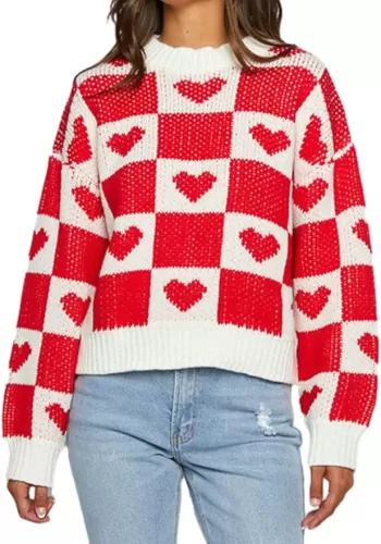 Women Heart Print Sweaters Long Sleeve Crewneck Oversized Pullover Sweater Cute Love Pattern Knitted Jumper Tops