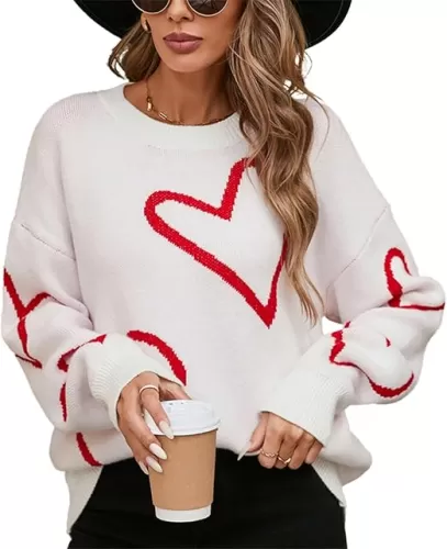 Women Heart Sweaters Long Sleeve Loose Fit Pullover Tops Valentines Day Knit Sweater for Teen Girls Streetwear