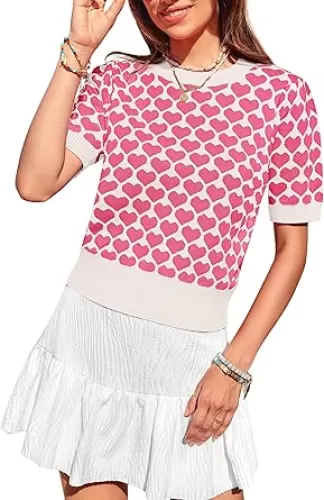 Women Puff Short Sleeve Sweater Casual Cropped Knit Shirts Cute Heart Holidays Graphic Print Pullover Jumper Tops 2025