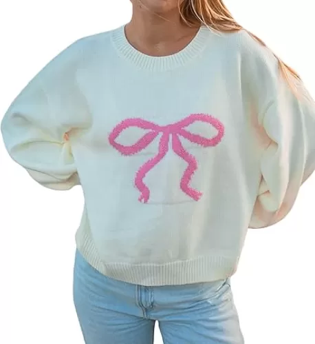 Women Y2K Fall Sweater Cute Bow Print Long Sleeve Cable Knit Pullover Casual Oversized Jumpers for Women