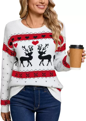 Womens Christmas Sweaters Long Sleeve Crew Neck Cute Multi-Hearts Knitted Casual Sweater