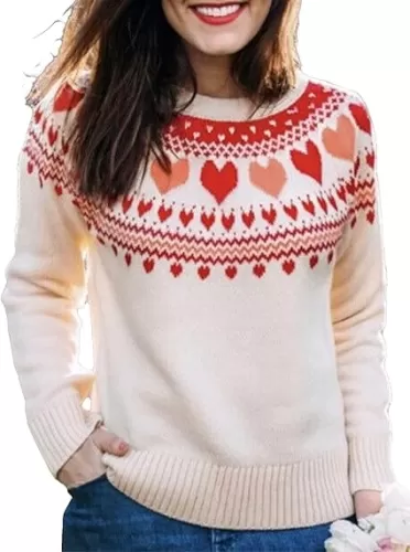 Women's Heart Crewneck Pullover Sweater Long Sleeve Knit Jumper Top Casual Cute Pattern Fall Winter Sweaters