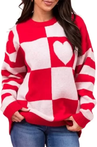 Womens Hearts Knit Sweater Valentines Day Long Sleeve Cute Hearts Print Crewneck Pullover Knitted Casual Sweater