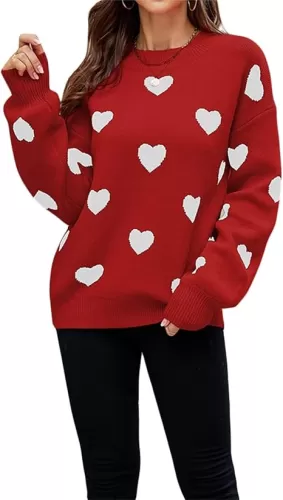 Women's Love Heart Pullover Sweaters Long Sleeve Crewneck Cute Heart Knitted Jumper Sweater